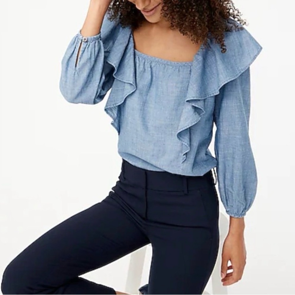 J. Crew Chambray Square Neck Ruffle Blouse